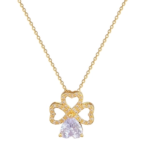 Elegant gold titanium clover necklace with sparkling zircon heart-shaped petals