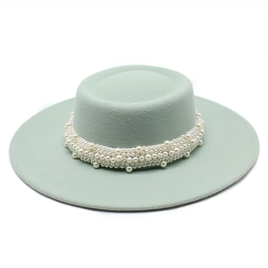 French vintage flat top wide brim sun hat in mint green with pearl band decoration