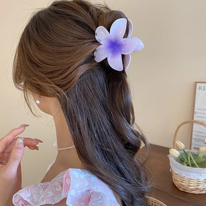 Pince à cheveux fleur de lys dégradé violet portée sur cheveux longs élégants