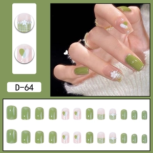 Green press-on nails set with floral heart patterns and plaid designs D-64