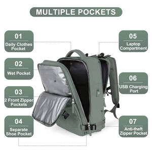 Detail showing laptop compartment, wet pocket, and independent shoe cabin of green travel backpack