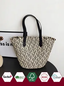 Women Woven Paper Rope Tote Bag Large Capacity Zigzag Pattern Shoulder Bag For Summer Beach Vacation Casual Simple