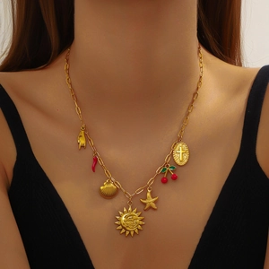Gold plated stainless steel paperclip necklace with shell starfish and sun face charms
