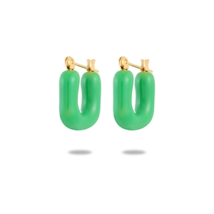 French vintage green enamel U-shaped hoop earrings with gold stainless steel clasps