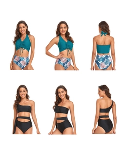 Detail view of high-waisted bikini sets featuring halter tie and cutout shoulder designs