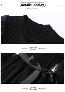 Detail view of knit neckline and polka dot mesh sleeves with a satin waist bow
