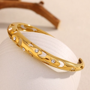Open Cuff Bracelet Stainless Steel 18K Gold Plated Hollow Star Moon Zircon Retro Vintage Trendy Jewelry For Women