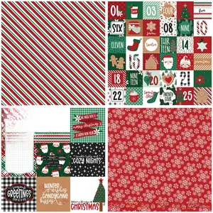 Detail of Christmas scrapbook paper set with festive stripes, calendar numbers and snowflakes