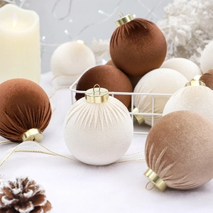Set of 12 velvet Christmas ball ornaments in brown and beige for holiday tree decoration