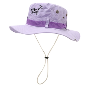 Pink sun hat with cute puppy embroidery and windproof rope for outdoor camping