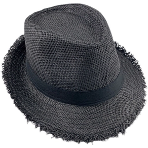Dark grey straw fedora hat with raw fringe brim and black ribbon for summer sun protection