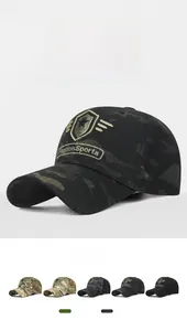 Detailed view of camouflage baseball cap with embroidered shield emblem and multi-color options