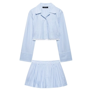 Chemise Courte À Manches Longues Rayée Et Mini Jupe Plissée Avec Bordure En Dentelle Tenue Décontractée Pour Femmes