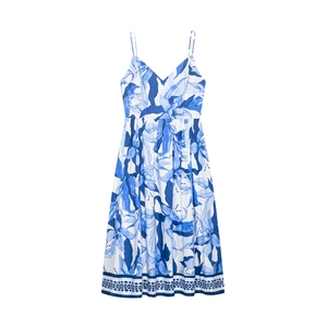 Sexy Floral Print Backless Midi Dress Bohemian Blue White V Neck Spaghetti Strap Summer Vacation Beach Long Dress Women