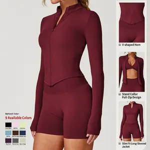 Damen-Yoga-Set in Weinrot mit schnelltrocknender Jacke und Shorts mit V-Saum Design