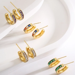 Set of four 18K gold plated C-shaped hoop earrings with colorful square zircon stones
