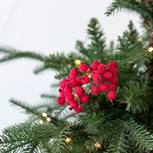 Red Christmas berry and green pine branch wreath with warm LED lights on white background