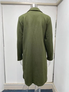 Back view of army green long-line wool coat with lapel collar on a clear mannequin