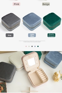 Detail of travel velvet jewelry box with mirror, ring slots and five color options