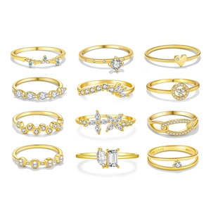 Set of 12 minimalist S925 sterling silver gold rings with zircon and pearl accents