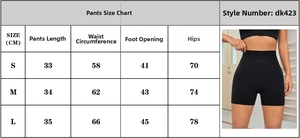 Size chart for high waist seamless yoga shorts including length, waist and hip measurements