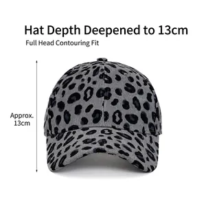 Men leopard print corduroy baseball cap in grey with 13cm deep fit and curved brim
