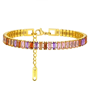 Golden stainless steel tennis bracelet with rectangular multicolor zircon gemstones