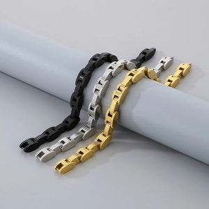 Modern 8mm diamond-studded stainless steel strap bracelets in gold, silver, and black finishes
