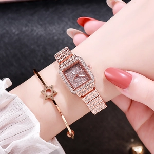 Elegant rose gold square watch for women with full diamond pave and metal strap on wrist
