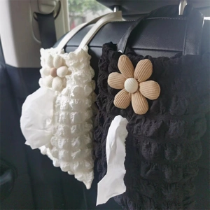 Plush floral tissue box holder for car seats in black and white bubble fabric