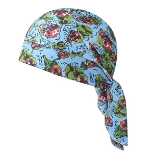 Blue cycling headscarf with colorful skull patterns and adjustable straps for outdoor sports
