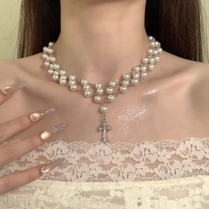 Double Layer Artificial Pearl Necklace With Rhinestone Cross Pendant Retro Gothic Choker For Women Luxury Jewelry