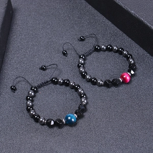 Adjustable 2-piece set of 8mm blue and rose red tiger eye stone braided rope bracelets