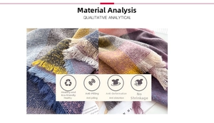 Detail of colorful plaid scarf fabric showing fringe tassels and anti-pilling texture