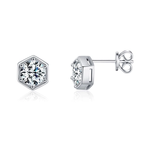 Pair of hexagonal S925 silver stud earrings featuring 1 carat moissanite stones