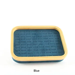 Bamboo jewelry display tray with blue microfiber lining for rings and studs