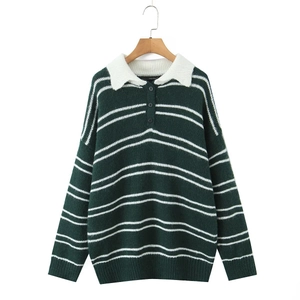 Relaxed polo neck knit sweater with green and white stripes and buttoned collar