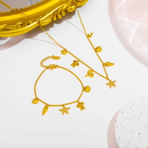 14k gold plated stainless steel jewelry set with starfish shell and turtle ocean charms