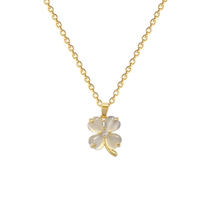 Gold titanium clover necklace with cat eye stone and cubic zirconia inlay