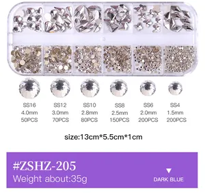 Detailed size chart and quantity table for mixed AB flatback nail art rhinestones
