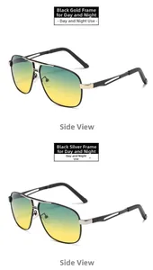 Side view of aviator day-night sunglasses with photochromic yellow-green lenses