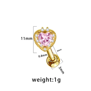 Macro detail showing heart-shaped pink zircon stud dimensions and golden finish