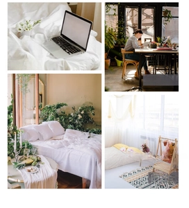 Collage showing handmade macrame hat organizers used in bedroom and living room spaces