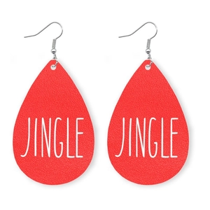 Detail of red teardrop faux leather earrings with white Jingle text for Christmas