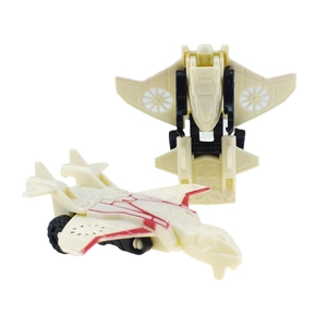 Detailed view of white transformable fighter jet toy with red wing stripes and underside landing gear