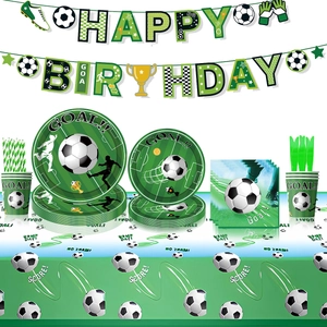 Soccer theme birthday party supplies set with plates, cups, napkins and happy birthday banner