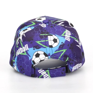 Detail of adjustable velcro strap and football pattern on kid's sports baseball cap