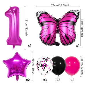 Hot pink butterfly and number 1 balloon set with stars and latex balloons for birthday party