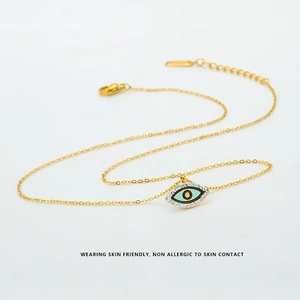 Golden titanium steel evil eye necklace with blue eye pendant and white cubic zirconia