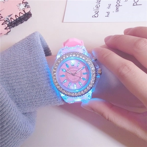 Glow-in-the-dark pink quartz watch with sparkling rhinestones and LED light display